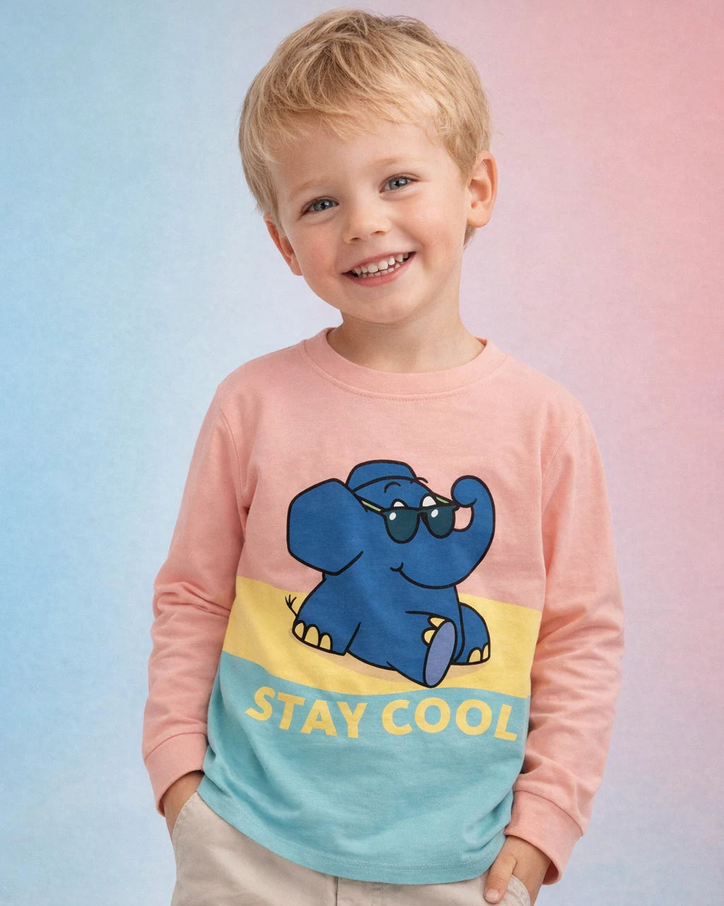 koaa – L'éléphant « Reste cool » – T-shirt manches longues rose/jaune/bleu