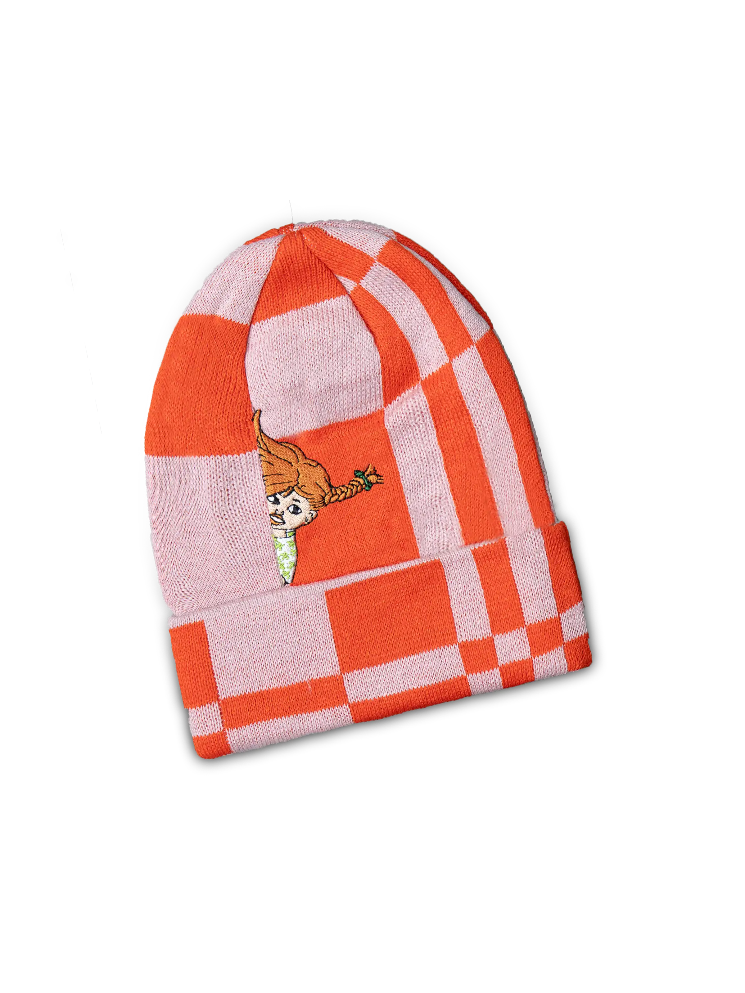 Vorderansicht der rot-pinken Beanie mit Pippi-Langstrumpf-Motiv „Verzerrte Welt“.